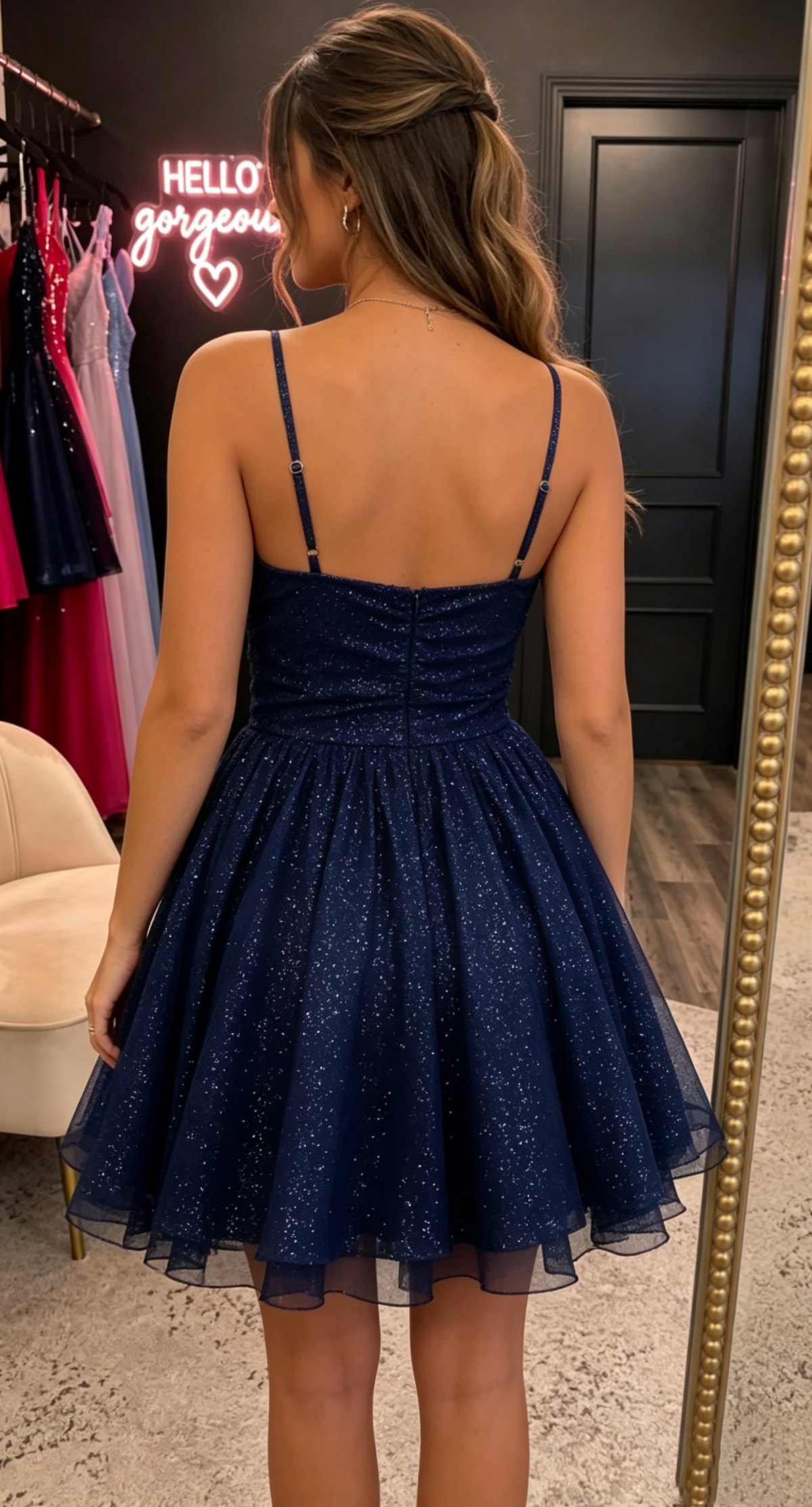Glitter Navy Homecoming Dress for Night Out Sequin 16th Birthday Dresses Inspo Hoco Gown RB6036