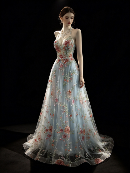 Vintage 2000s Prom Dresses A line Halter Light Sky Blue Lace With Backless Long Party Formal Outfits RB6209