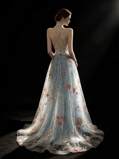Vintage 2000s Prom Dresses A line Halter Light Sky Blue Lace With Backless Long Party Formal Outfits RB6209