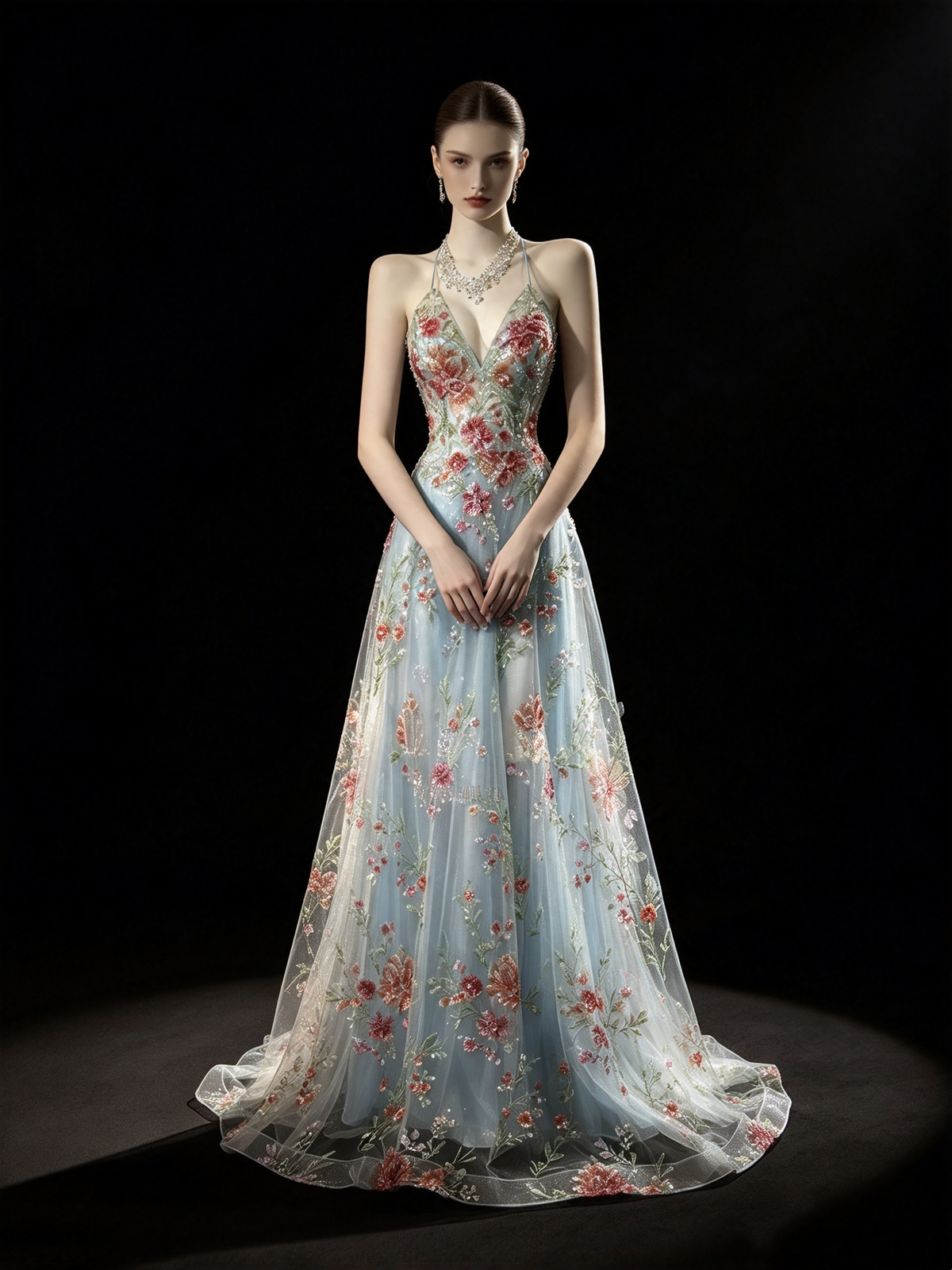 Vintage 2000s Prom Dresses A line Halter Light Sky Blue Lace With Backless Long Party Formal Outfits RB6209