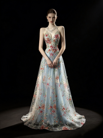 Vintage 2000s Prom Dresses A line Halter Light Sky Blue Lace With Backless Long Party Formal Outfits RB6209