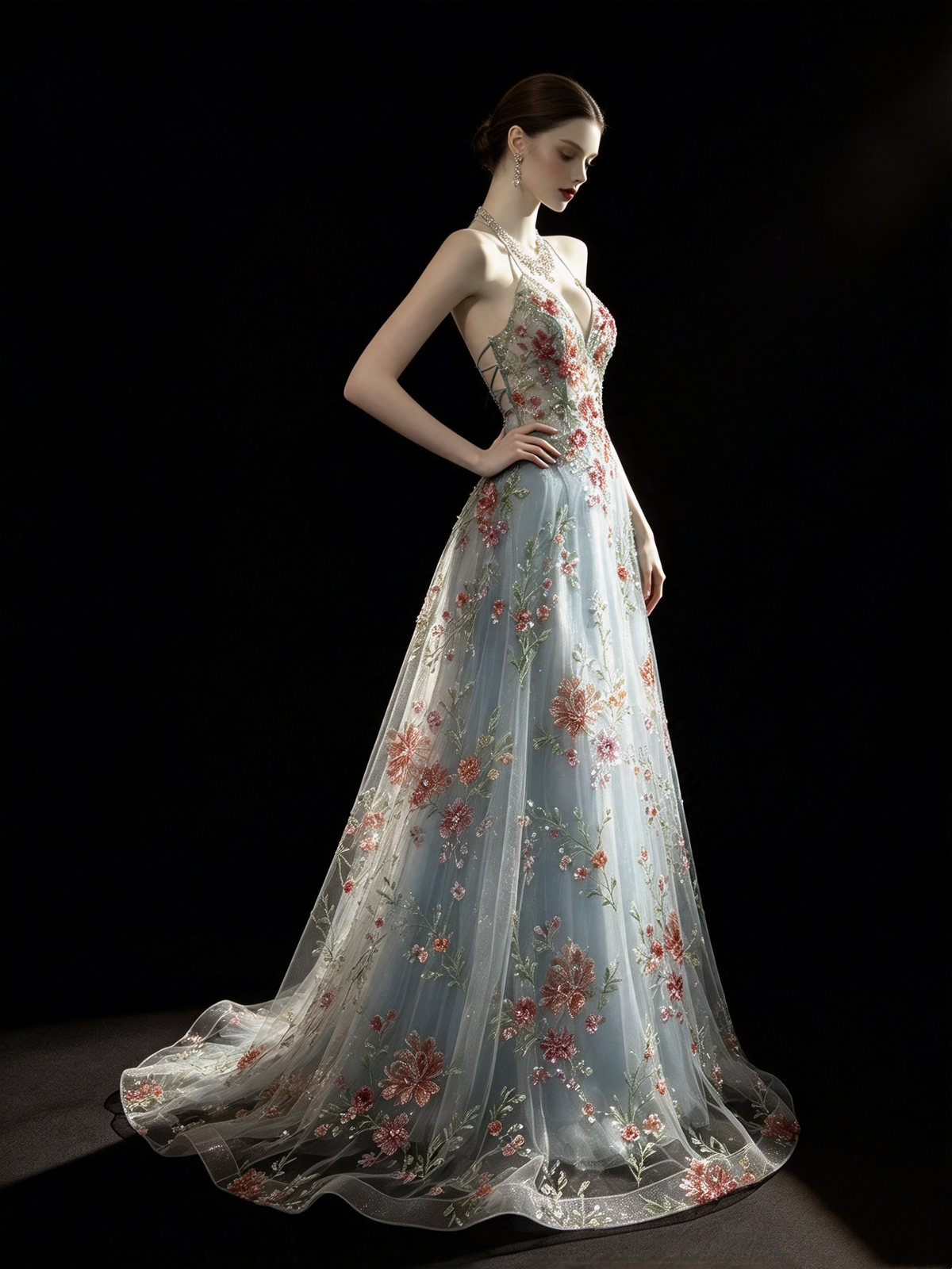 Vintage 2000s Prom Dresses A line Halter Light Sky Blue Lace With Backless Long Party Formal Outfits RB6209