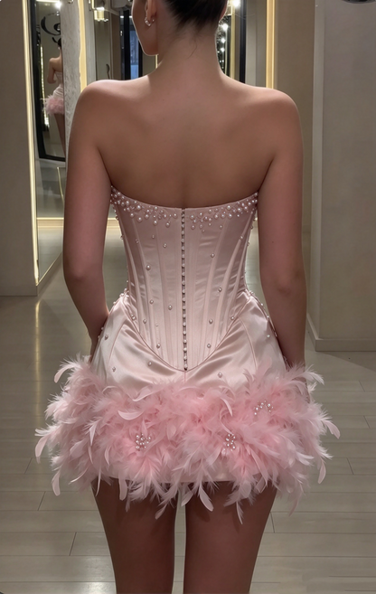 Pearl & Crystal Beaded Pink Feather Corset Mini Dress | Glam Party Outfit Birthday Dress Homecoming Dresses Cocktail Dress RB6240