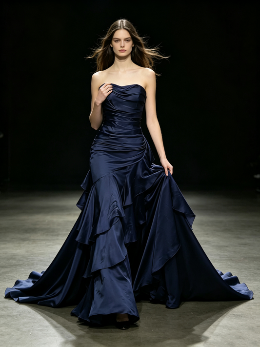 Traumhaftes trägerloses marineblaues Abendkleid mit Falten und Rüschen für den Abschlussball RB6685