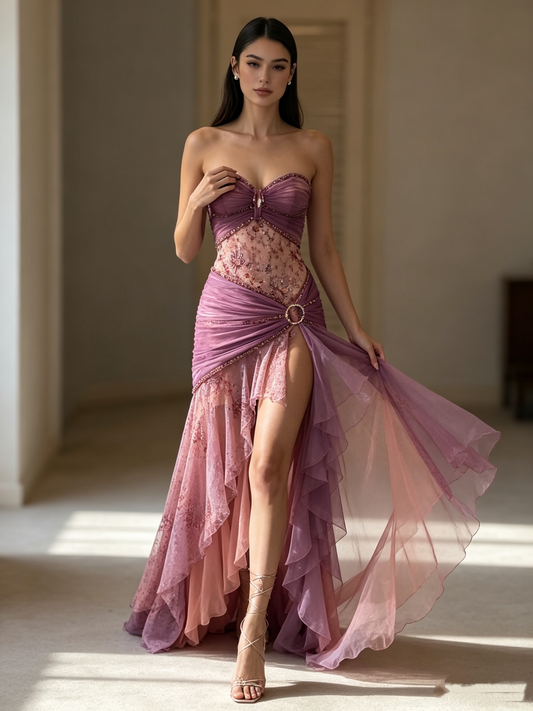 Elegantes, schulterfreies High-Low-Abendkleid in Pink-Flieder aus Chiffon mit Rüschen – das perfekte lange Ballkleid für formelle Anlässe RB6737