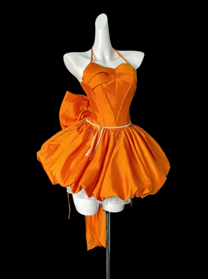 Cute Ball Gown Halter Orange With Bow Satin University Ideas Homecoming Dress Inspo Short High School Senior Hoco Court Dresses RB6989