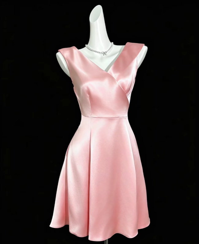 Pretty A Line V Neck Pink Satin Mini University Ideas Homecoming Dress Inspo Short High School Senior Graduation Outfit RB7006