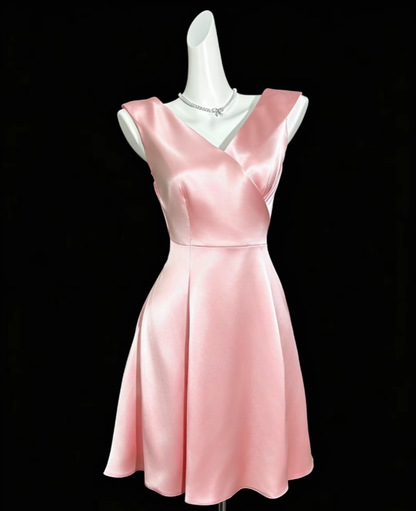Pretty A Line V Neck Pink Satin Mini University Ideas Homecoming Dress Inspo Short High School Senior Graduation Outfit RB7006