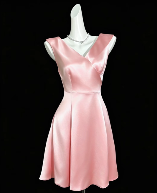 Pretty A Line V Neck Pink Satin Mini University Ideas Homecoming Dress Inspo Short High School Senior Graduation Outfit RB7006