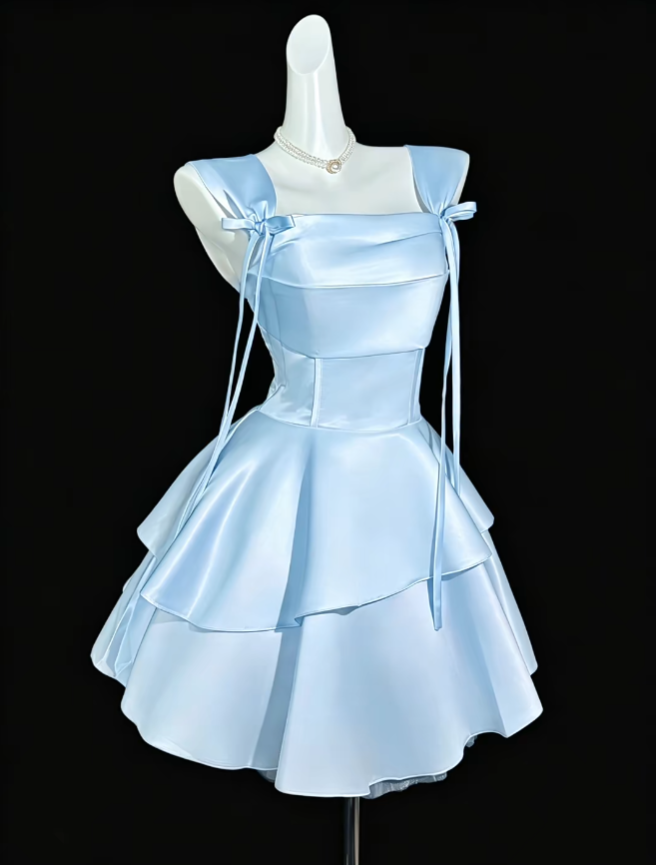 Pretty Ball Gown Square Neck Blue Satin Mini University Ideas Homecoming Dress Inspo Short High School Senior Graduation Outfit RB7008