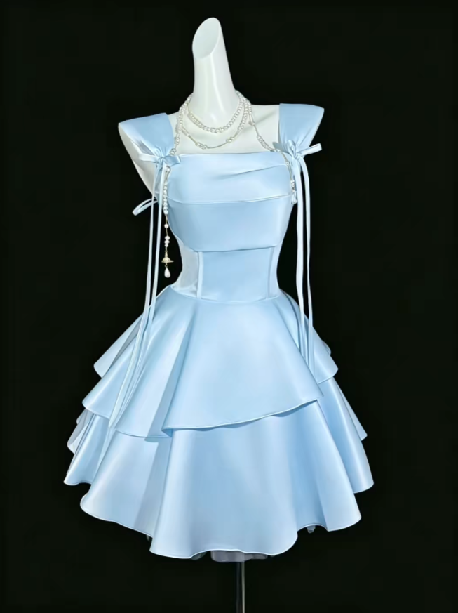 Pretty Ball Gown Square Neck Blue Satin Mini University Ideas Homecoming Dress Inspo Short High School Senior Graduation Outfit RB7008