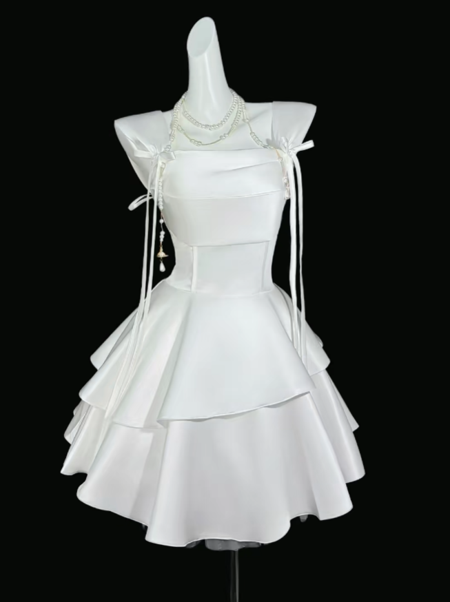 Pretty Ball Gown Square Neck White Satin Mini University Ideas Homecoming Dress Inspo Short High School Senior Graduation Outfit RB7009