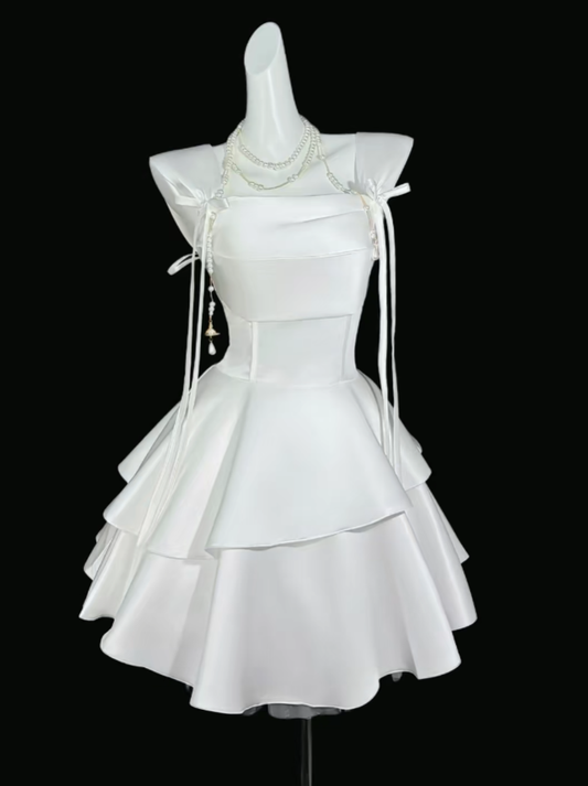 Pretty Ball Gown Square Neck White Satin Mini University Ideas Homecoming Dress Inspo Short High School Senior Graduation Outfit RB7009