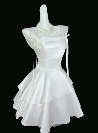 Pretty Ball Gown Square Neck White Satin Mini University Ideas Homecoming Dress Inspo Short High School Senior Graduation Outfit RB7009