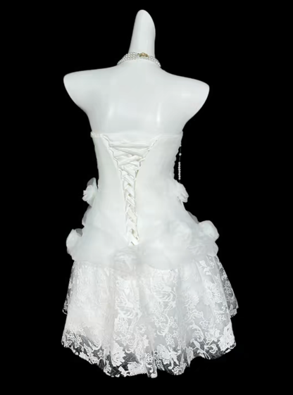 Pretty Ball Gown Strapless White Lace Mini University Ideas Homecoming Dress Inspo Short High School Senior Graduation Outfit RB7011