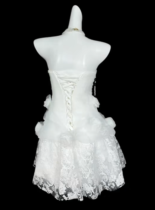 Pretty Ball Gown Strapless White Lace Mini University Ideas Homecoming Dress Inspo Short High School Senior Graduation Outfit RB7011