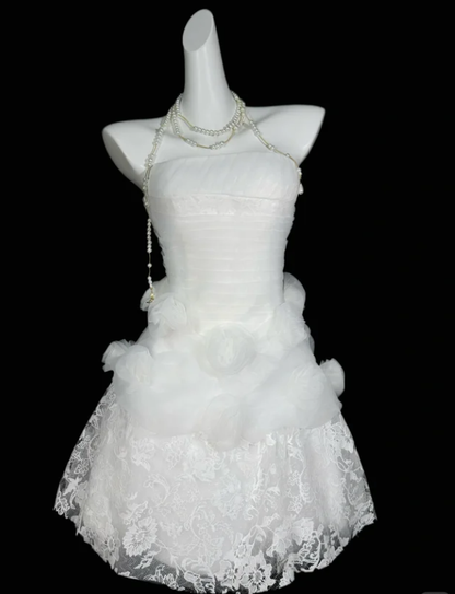 Pretty Ball Gown Strapless White Lace Mini University Ideas Homecoming Dress Inspo Short High School Senior Graduation Outfit RB7011
