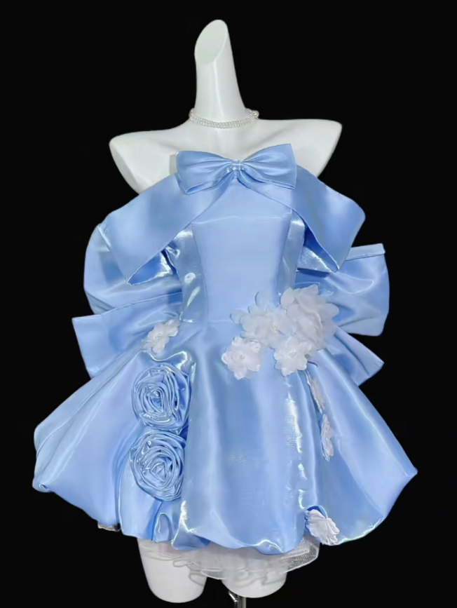 Unique Ball Gown Off The Shoulder Blue With Flowers University Ideas Homecoming Dress Inspo Short Senior Party Cocktail Outfits RB7012