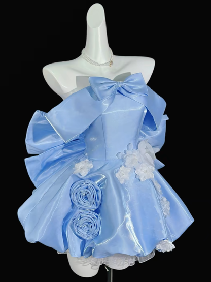 Unique Ball Gown Off The Shoulder Blue With Flowers University Ideas Homecoming Dress Inspo Short Senior Party Cocktail Outfits RB7012