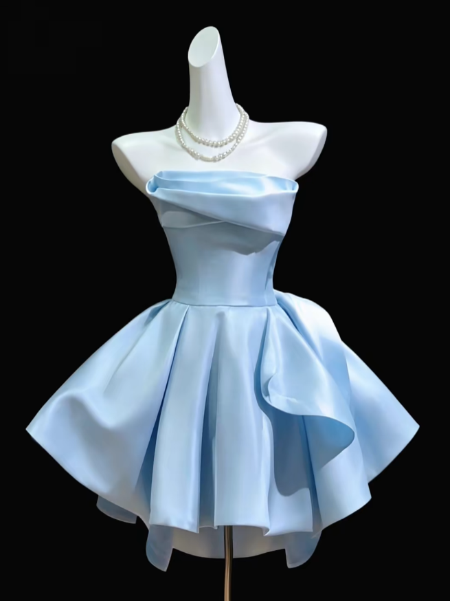 Pretty Ball Gown Strapless Blue Satin Mini University Ideas Homecoming Dress Inspo Short High School Senior Graduation Outfit RB7013