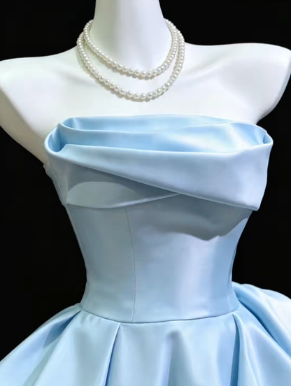 Pretty Ball Gown Strapless Blue Satin Mini University Ideas Homecoming Dress Inspo Short High School Senior Graduation Outfit RB7013