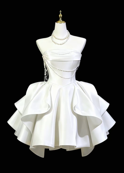 Pretty Ball Gown Strapless White Satin Mini University Ideas Homecoming Dress Inspo Short High School Senior Graduation Outfit RB7014
