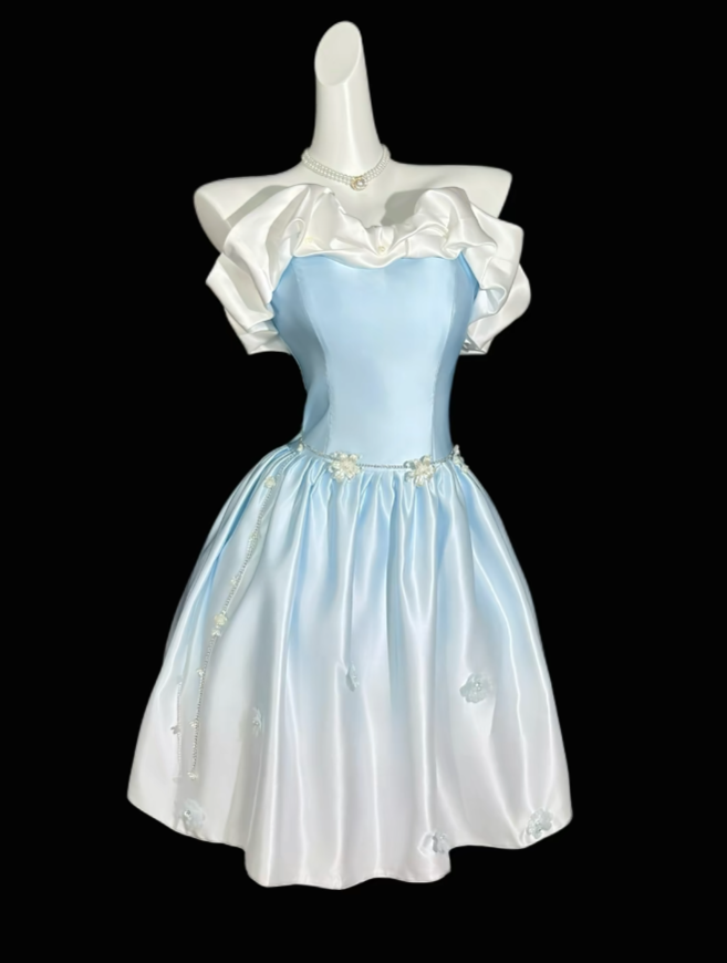 Pretty A line Strapless Gradient Blue Colors Satin Mini University Ideas Homecoming Dress Inspo Short High School Senior Graduation Outfit RB7016