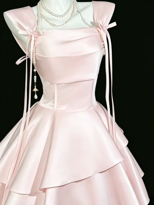 Pretty Ball Gown Square Neck Pink Satin Mini University Ideas Homecoming Dress Inspo Short High School Senior Graduation Outfit RB7018