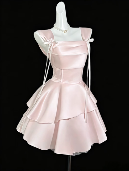 Pretty Ball Gown Square Neck Pink Satin Mini University Ideas Homecoming Dress Inspo Short High School Senior Graduation Outfit RB7018