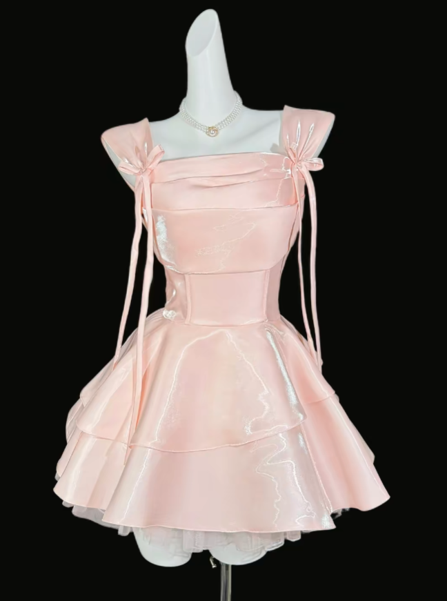 Unique Ball Gown Square Neck Pink With Bow University Ideas Homecoming Dress Inspo Short Senior Party Cocktail Outfits RB7025