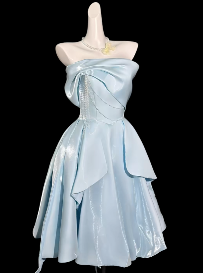 Cute Ball Gown Strapless Blue Knee Length University Ideas Homecoming Outfits Inspo Senior Hoco Court Dresses RB7030