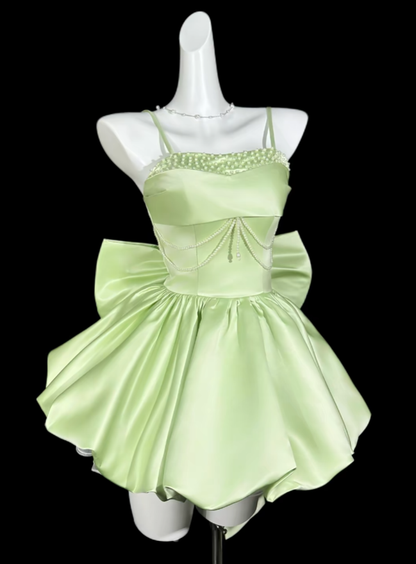 Unique Ball Gown Spaghetti Strap Sage Green With Pearls University Ideas Homecoming Dress Inspo Short Senior Party Cocktail Outfits RB7031