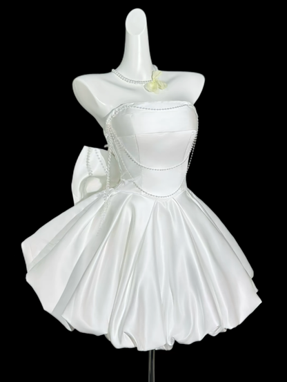 Cute Ball Gown Strapless White Short With Bow University Ideas Homecoming Outfits Inspo Senior Hoco Court Dresses RB7032