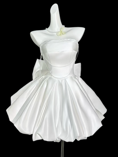 Cute Ball Gown Strapless White Short With Bow University Ideas Homecoming Outfits Inspo Senior Hoco Court Dresses RB7032