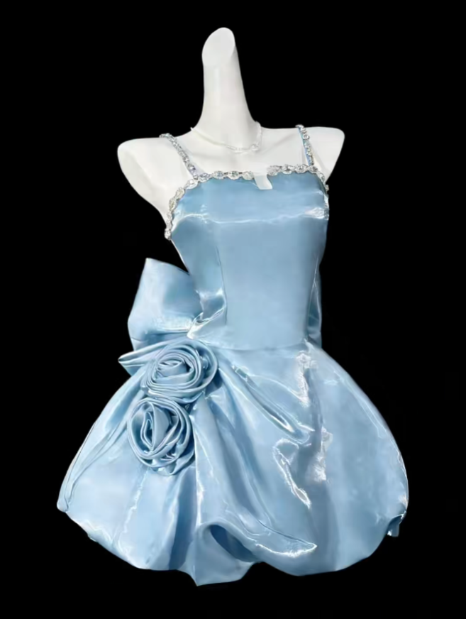 Cute Ball Gown Spaghetti Straps Blue Short With Flowers University Ideas Homecoming Outfits Inspo Senior Hoco Court Dresses RB7036
