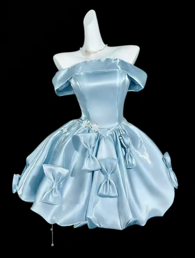 Unique Ball Gown Off The Shoulder Blue With Bow University Ideas Homecoming Dress Inspo Short Senior Party Cocktail Outfits RB7038