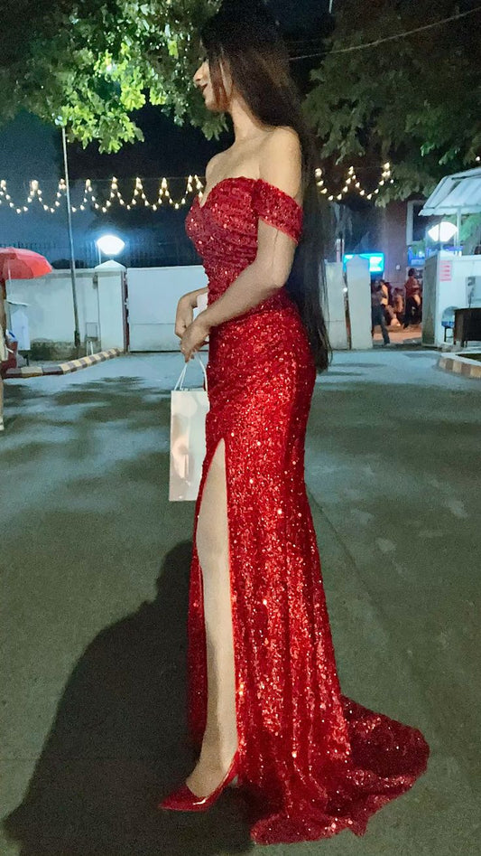 Classy Mermaid Off The Shoulder Red Sequin Long Prom Dresses Party Dress 22th Birthday Outfits Graduation Dress RB702