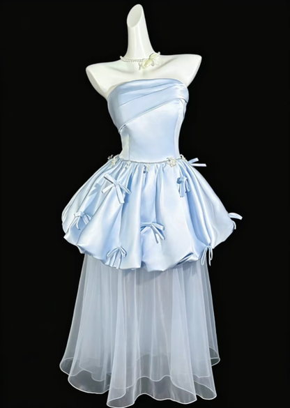 Unique Ball Gown Strapless Blue With Bow University Ideas Homecoming Dress Inspo Short Party Cocktail Outfits RB7054