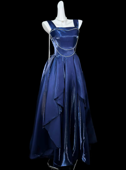 Simple A Line Square Navy Blue Long Prom Dress With Ruffled Formal Dress Party Dresses RB7068
