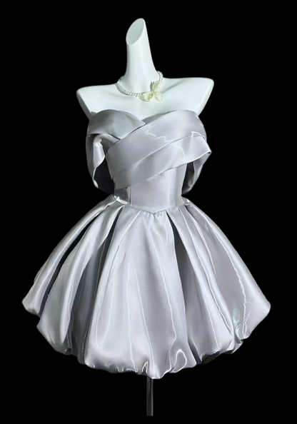 Unique Ball Gown Off The Shoulder Silver With Ruffled University Ideas Homecoming Dress Inspo Short Senior Party Cocktail Outfits RB7060