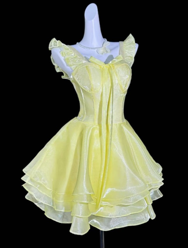 Charming Ball Gown Square Neck Yellow Mini University Ideas Homecoming Dress Inspo Short Birthday Dresses Senior Graduation Outfits RB7063