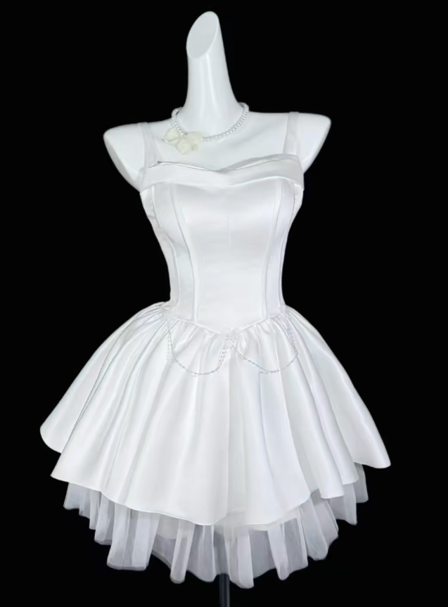 Charming A line Spaghetti Strap White Satin University Ideas Homecoming Dress Inspo Birthday Dresses Senior Graduation Outfits RB7067