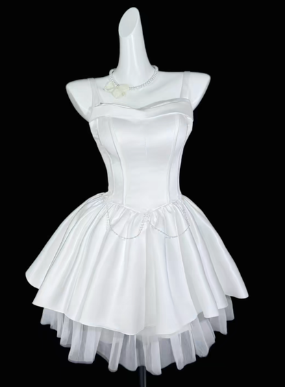 Charming A line Spaghetti Strap White Satin University Ideas Homecoming Dress Inspo Birthday Dresses Senior Graduation Outfits RB7067