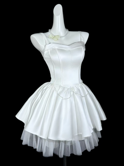 Charming A line Spaghetti Strap White Satin University Ideas Homecoming Dress Inspo Birthday Dresses Senior Graduation Outfits RB7067