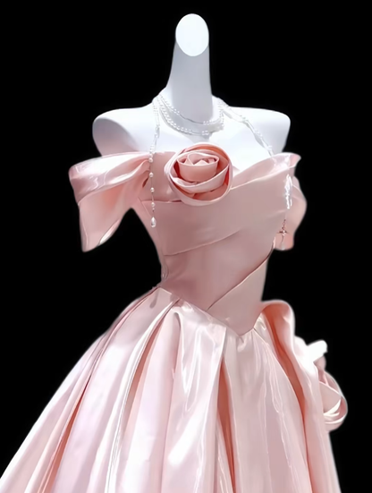 Beautiful Ball Gown Off The Shoulder Pink Satin Long Prom Dress Formal Dress Party Dresses RB7206