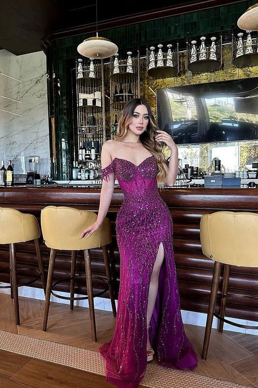 Cute Mermaid Off The Shoulder Grape Slit Prom Dresses Party Dress 21st Birthday Outfits Graduation Dress RB730