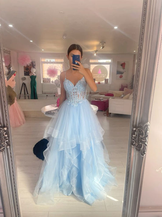 Timeless Ball Gown Spaghetti Straps Light Sky Blue Lace Tulle Prom Dress Inspiration Long Party Formal Prom Dresses RB736