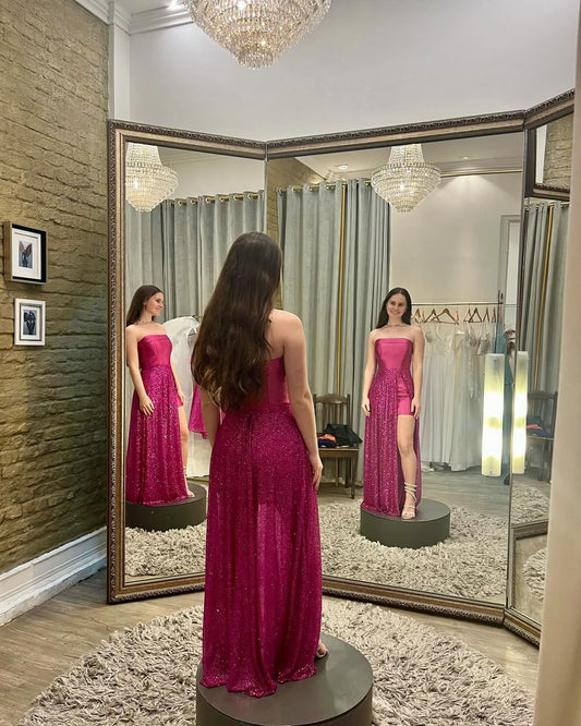 Elegant Sheath Strapless Satin Sequin Fuchsia Prom Dress Inspiration Party Formal Prom Dresses RB737