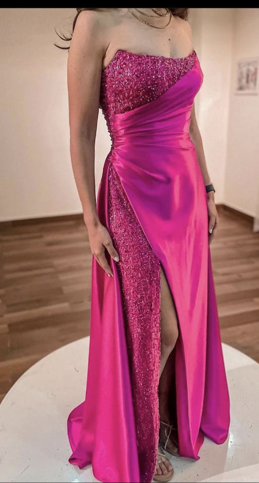 Elegant Sheath Strapless Satin Sequin Fuchsia Slit Prom Dress Inspiration Party Formal Prom Dresses RB740