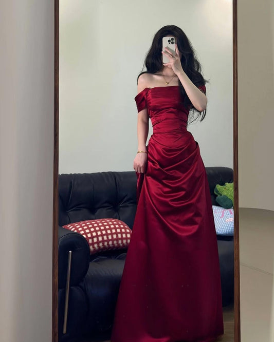 Timeless Mermaid Off The Shoulder Burgundy Satin Long Prom Dress Inspiration Party Formal Prom Dresses RB742